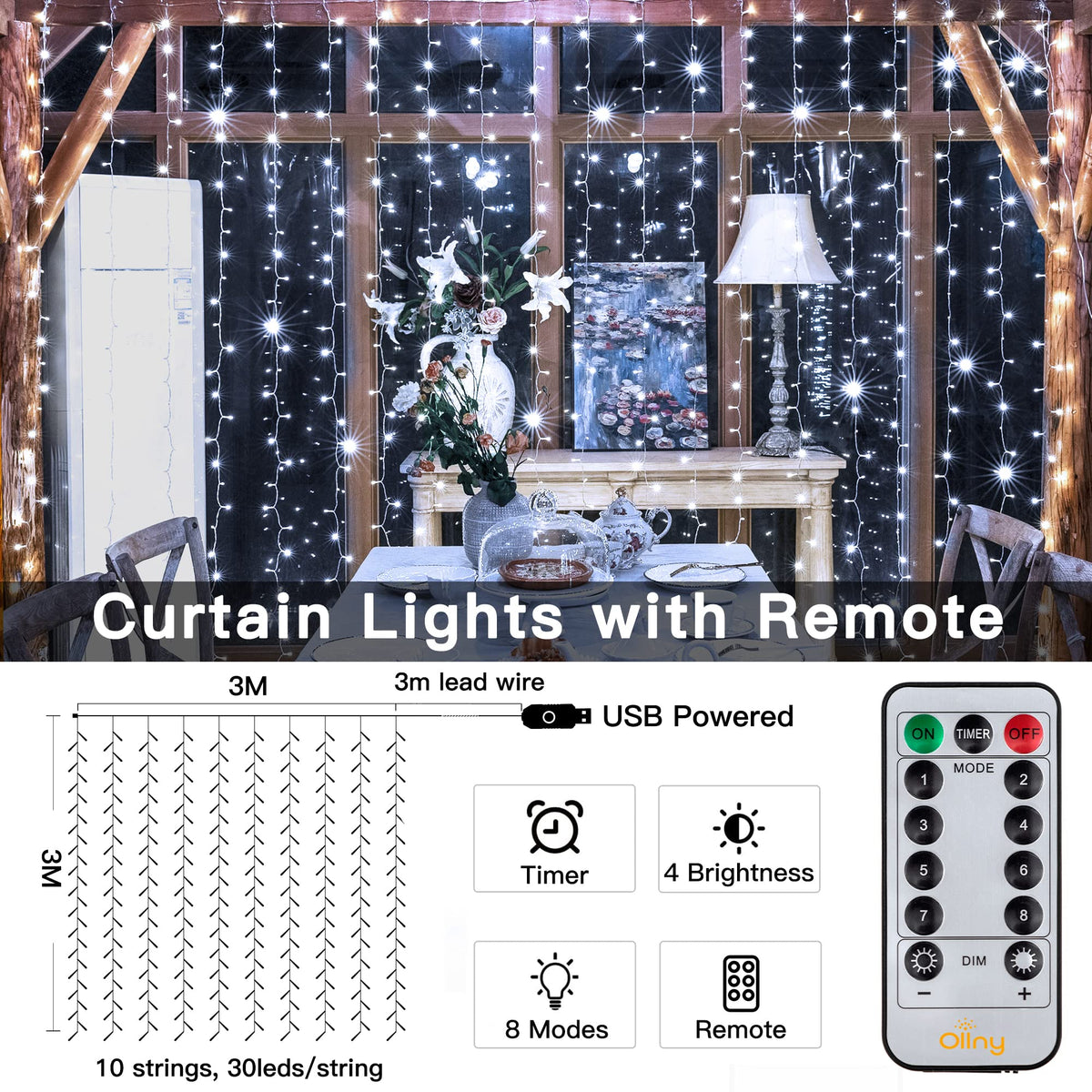 Ollny Curtain Fairy Lights, 200 LEDs 2mx2m Window String Lights Multicolour