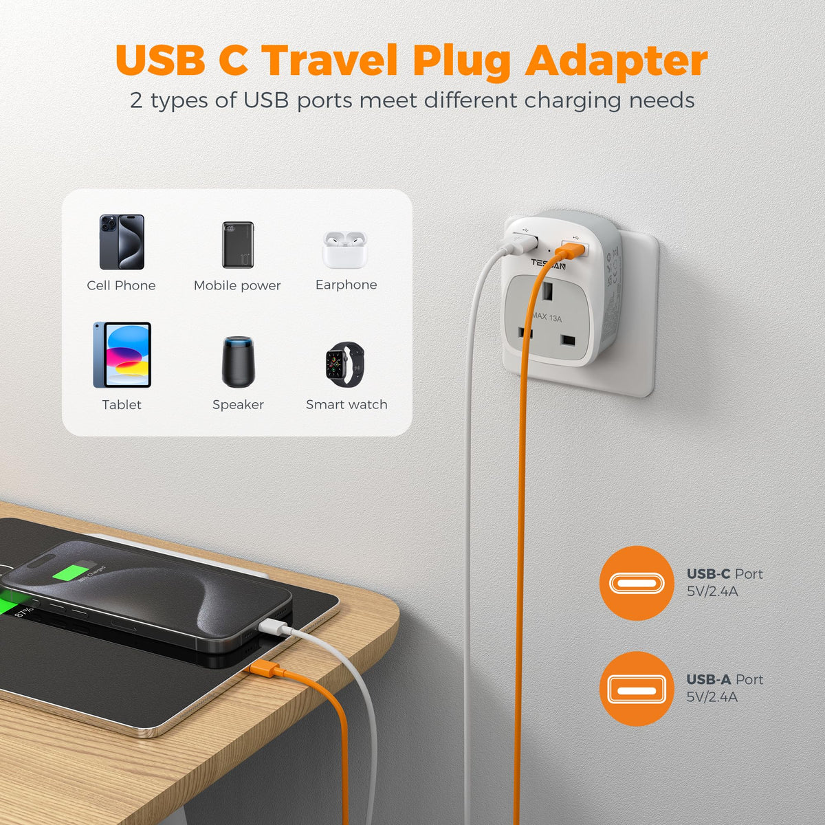 TESSAN UK to South Africa Plug Adapter, Type M Travel Adaptor with USB C