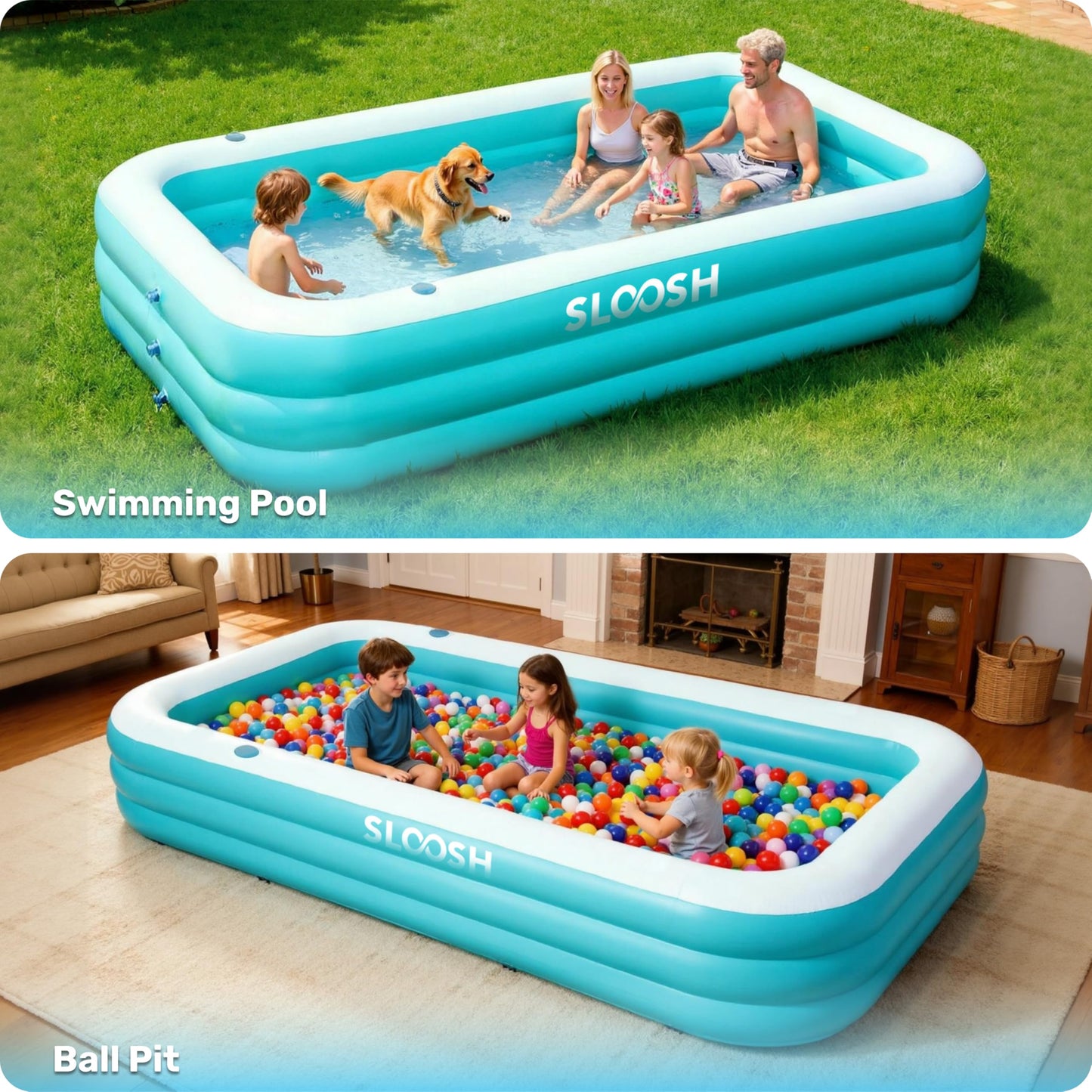 Sloosh Inflatable Swimming Pool for Adults with Seats, 304.8 x 182.8 x 55.8cm Full-Sized Blow Up Durable Thickened Above Ground Family Pool, Large Paddling Pool for Summer Water Party Garden Lawn,Blue