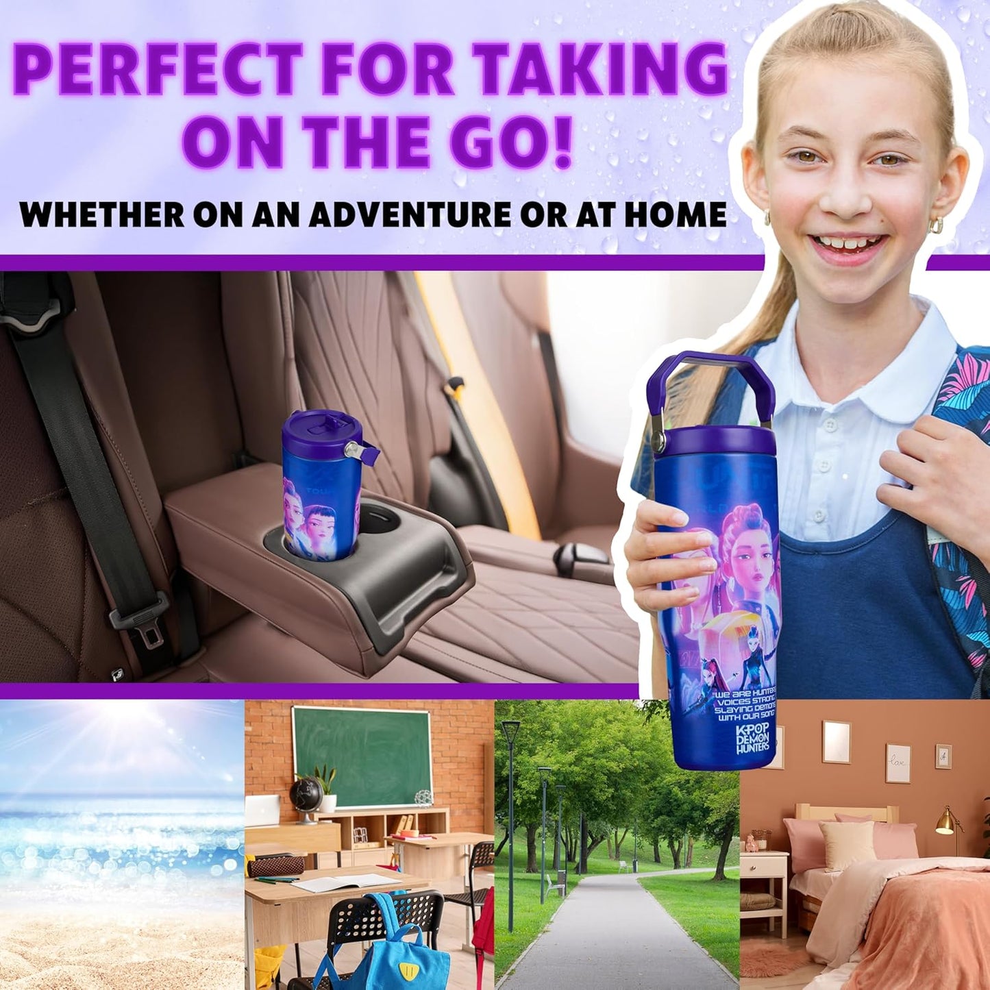 KPop Demon Hunters Official Tumbler 30oz/850ml, Insulated Water Bottle with Straw & Handle, Leakproof Stainless Steel Metal Flask for Hot Cold Drinks