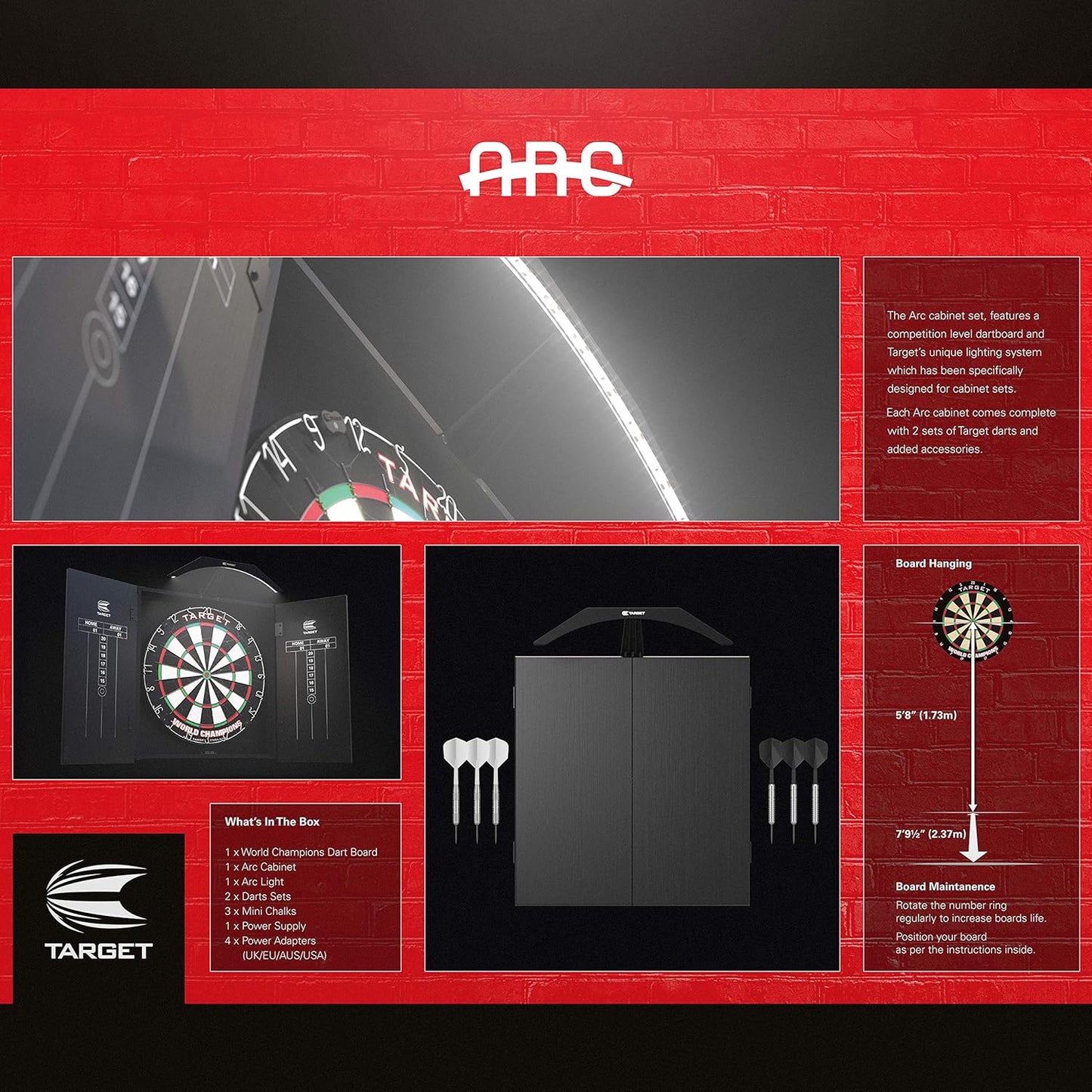 Target Darts Arc Dartboard Lighting System Home Cabinet Set - Includes World Champions Dartboard and 2 Sets of Darts, Black