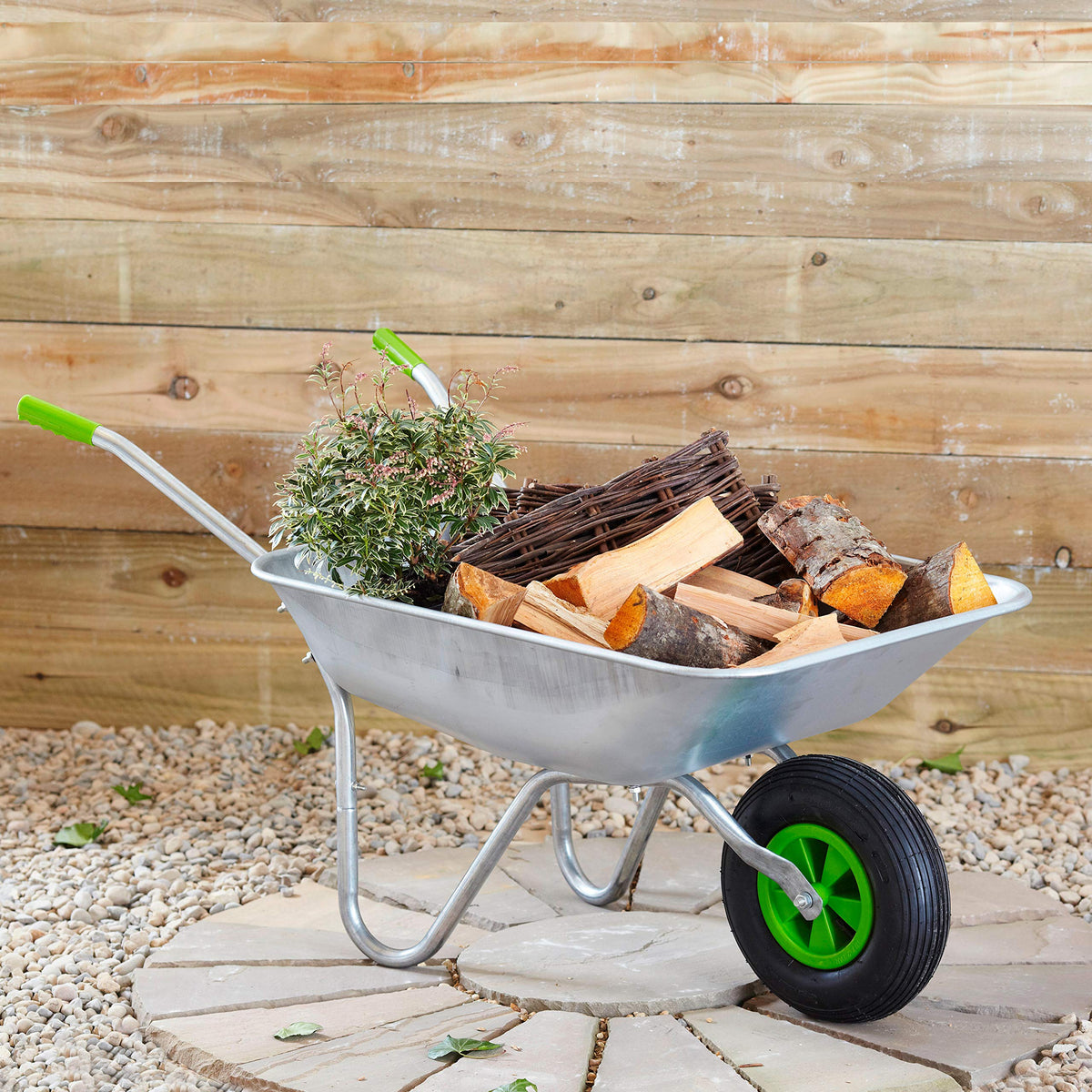 Neo Wheelbarrow Home Garden Cart Galvanised with Pneumatic Tyre (85L) Silver