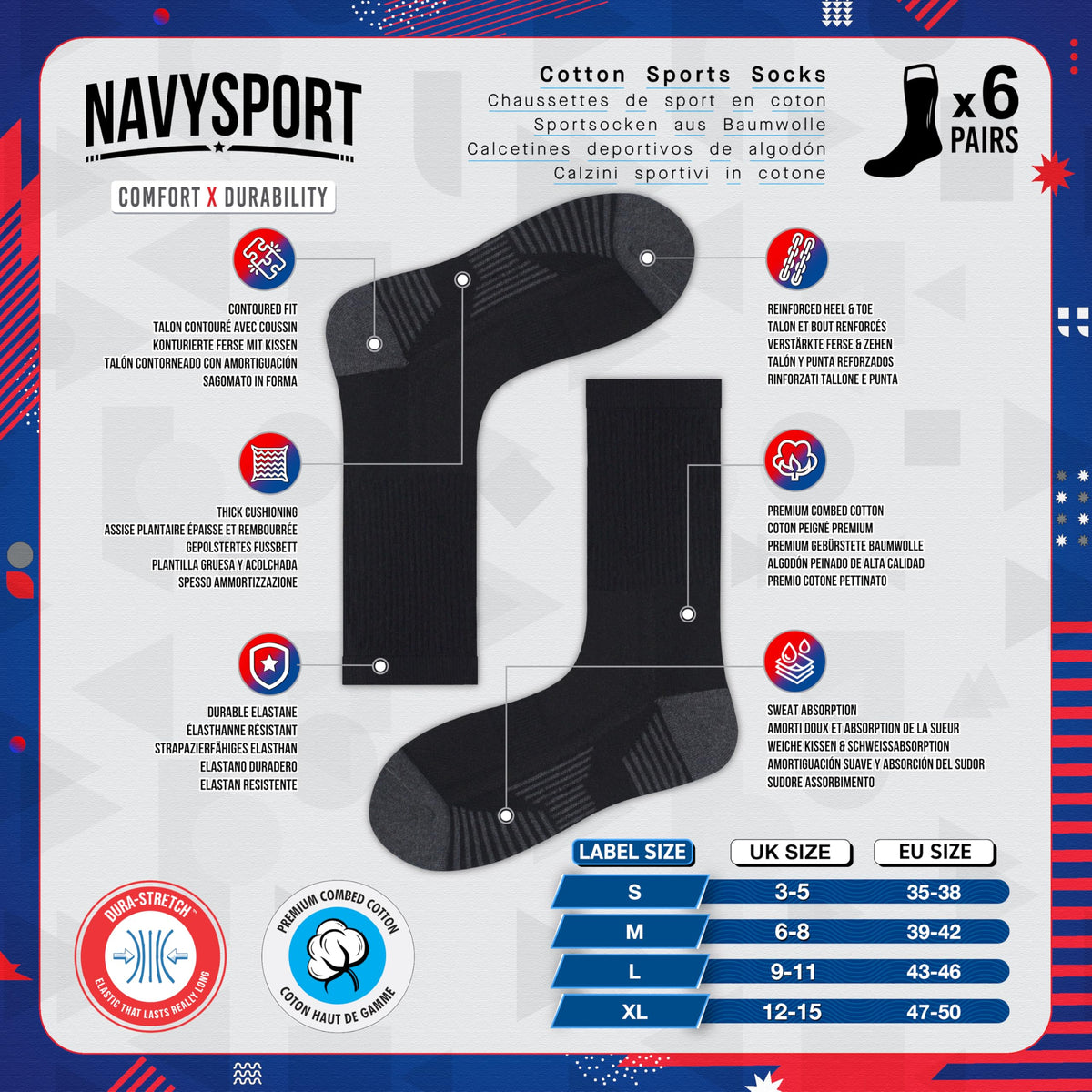 NAVYSPORT Men's Cotton Sports Socks, Pack of 6 Pairs
