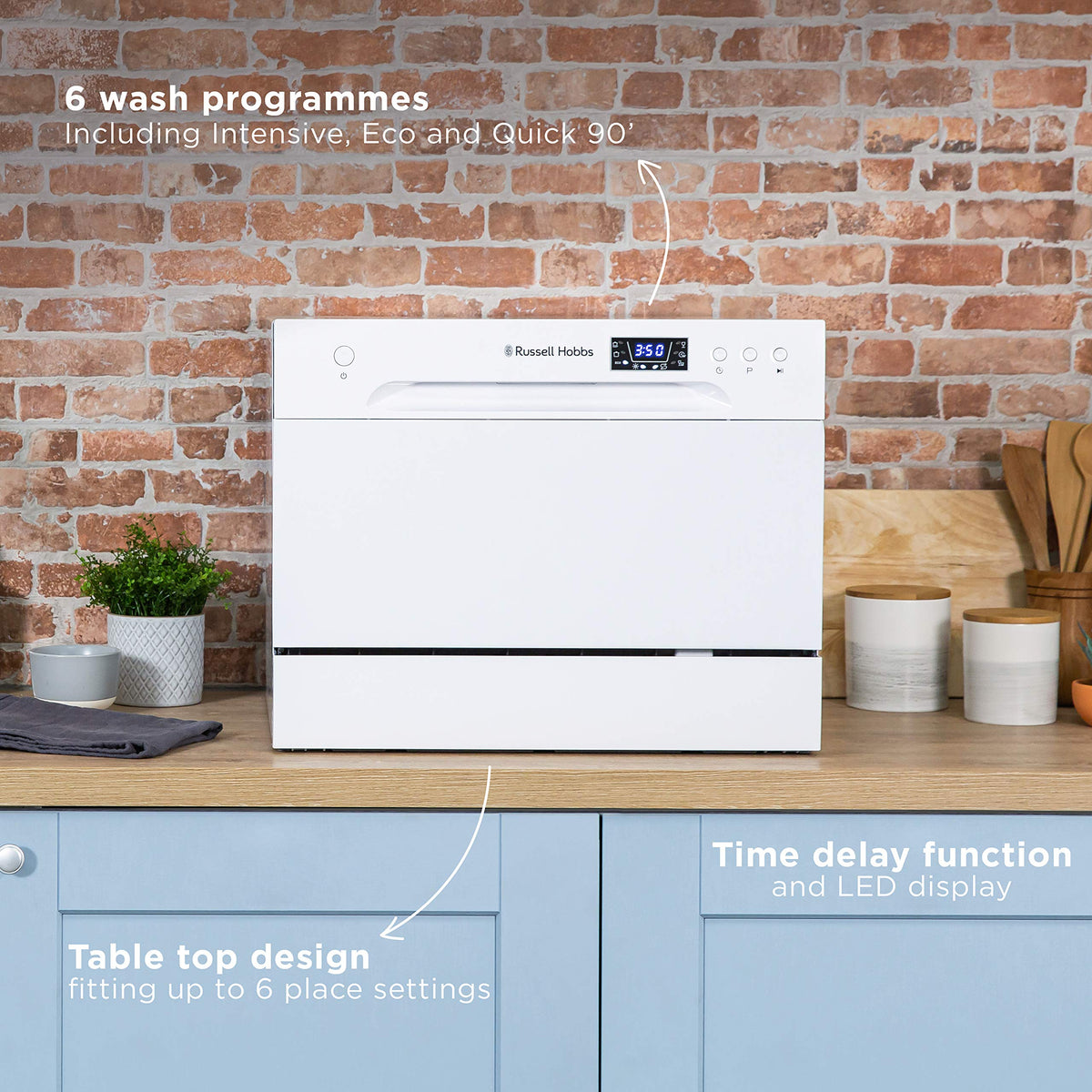 Russell Hobbs Table Top Dishwasher Compact Mini with 6 Place Settings, LED Display, Button Control, 6 Programmes, Portable & Efficient, 24hr Timer, Rinse & Eco Mode in White, RH6TTDW0D1W