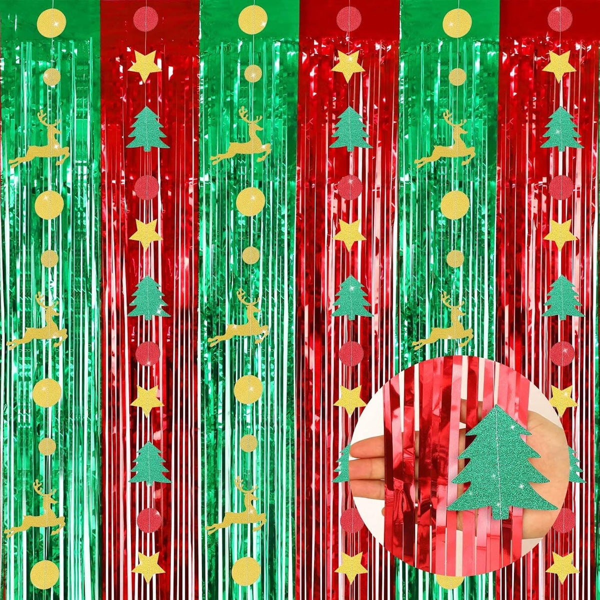 JULMELON 4 Pcs Christmas Tinsel Foil Fringe Curtains with Garland Decor