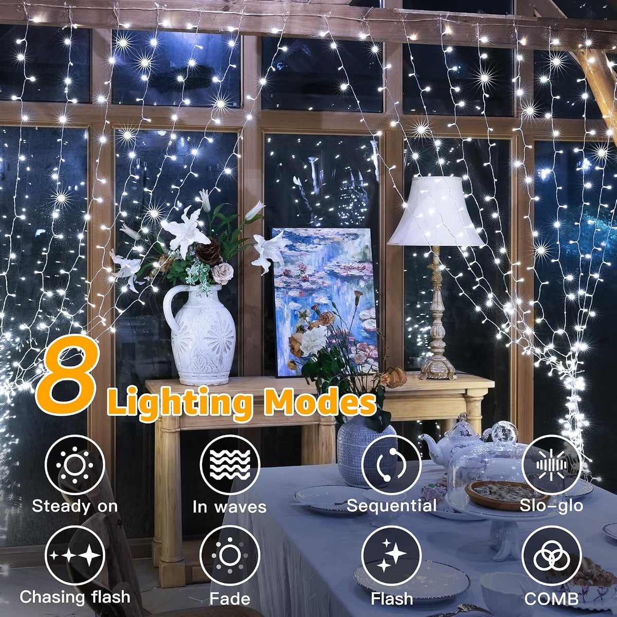 Ollny Curtain Fairy Lights, 300LED 3mx3m Waterfall Hanging String Lights