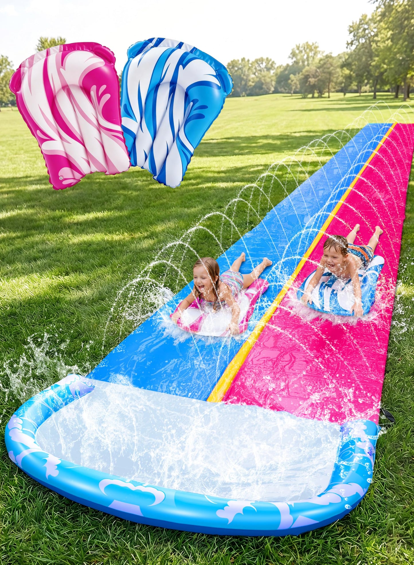 JOYIN 685cm Water Slides and 2 Bodyboards, Lawn Waterslides Summer Water Toy with Build in Sprinkler for Backyard Outdoor Water Fun for Kids Adults