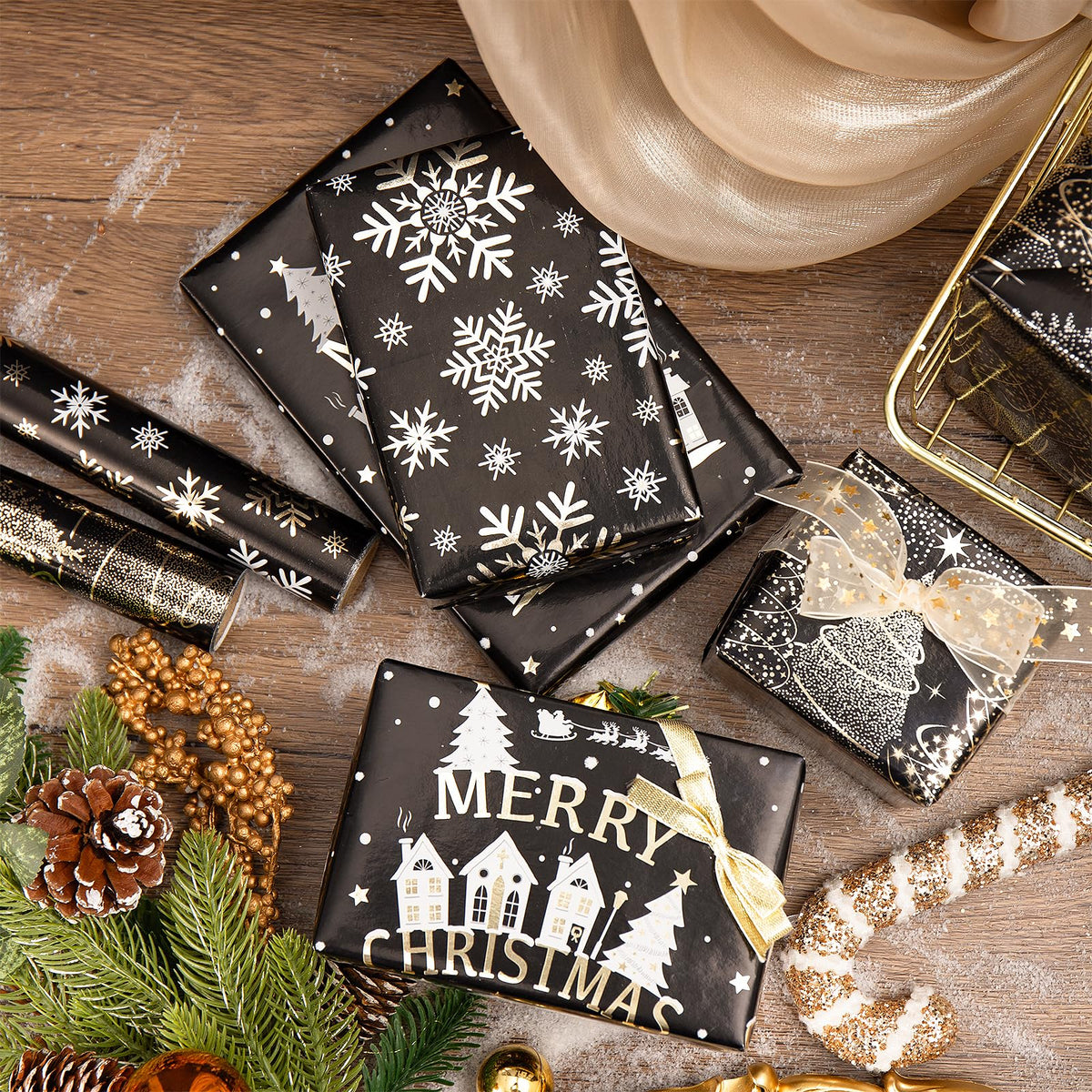 RUSPEPA Christmas Wrapping Paper Roll - Mini Roll - 3 Rolls - 43.2cm x 3m Per Roll - Bird, Christmas Garland, Holly and Pinecones Holiday Design with Metallic Foil Shine