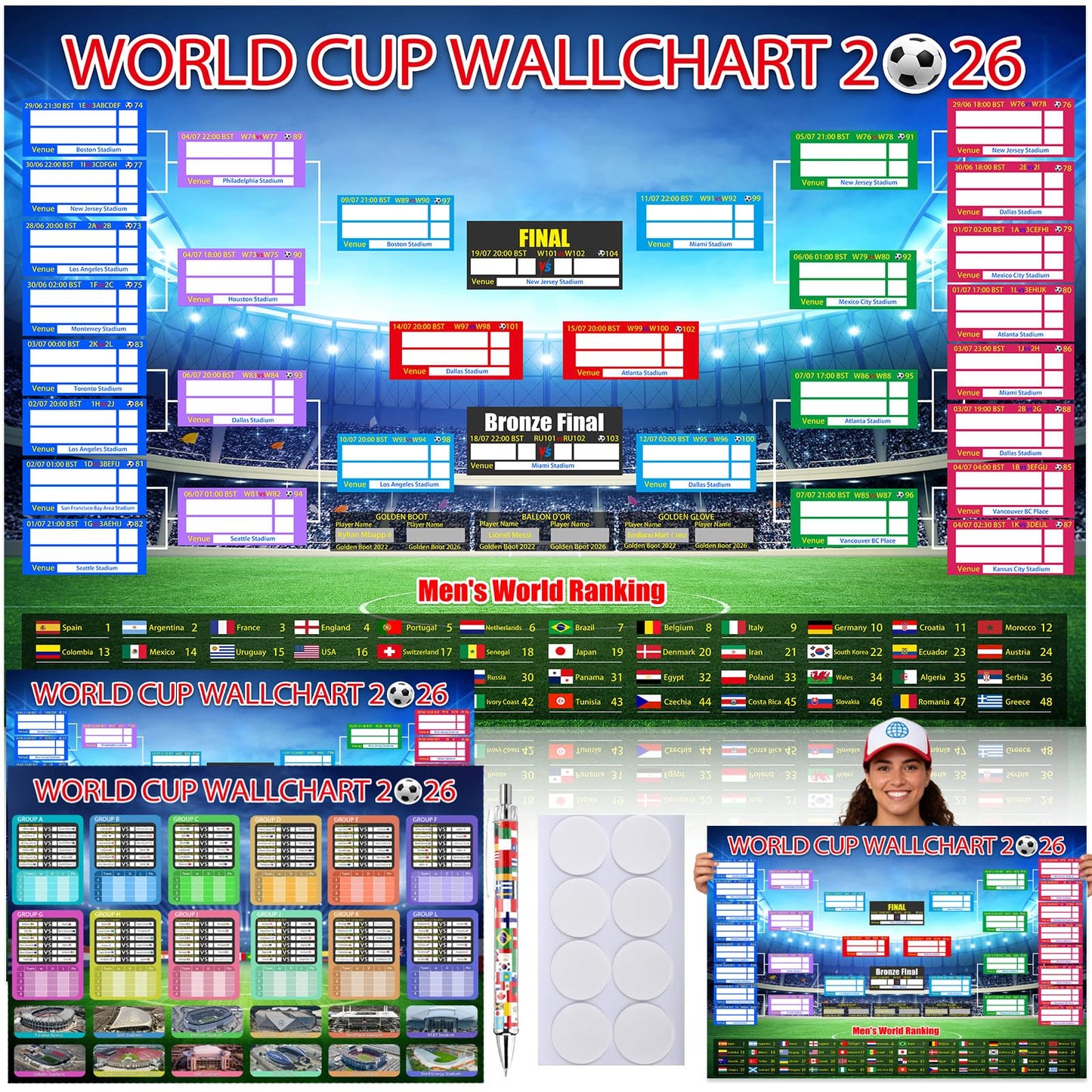 Aurblyn 11 Pcs World Cup Football 2026 Tournament Fixtures Folded Poster Handwritten Watercolour Pen World 8adhesive Backing 87x58cm For Bedroom For Men and Women Gifts for Fans (Background -4)