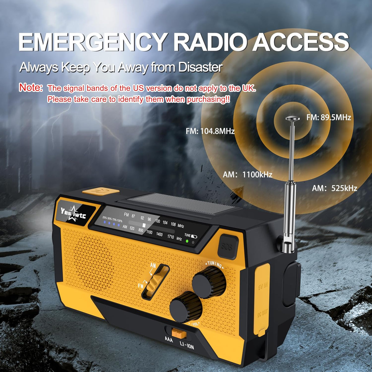 Wind Up Solar Radio, 7400mWh (2000mAh) Solar Powered Radio Emergency Hand Crank Radio with 3 Built-in Cables, Battery Operated, SOS Alarm & Flashlight, Emergency wind up torch for Hurricane, Emergency