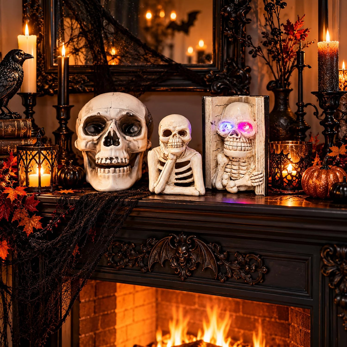 Skull Halloween Decorations Set – 3-Piece Skeleton Halloween Ornaments Collection - Large Skull, Thinking Skeleton & Skeleton Bookend for Halloween Table Decorations, Shelf, Desk & Displays