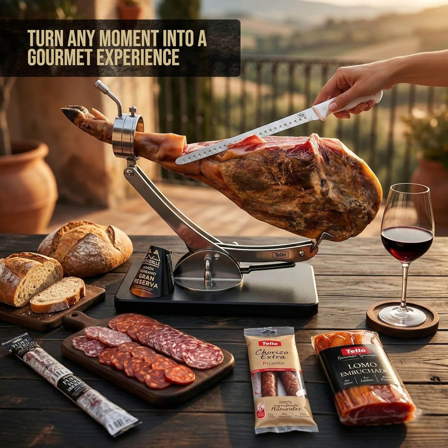 Montevalle Gran Reserva Serrano Ham Whole Leg | 7-8kg Slow Cured for 20 Months | Professional Set with Stand and Knife | Gourmet Gift Hamper Including Chorizo, Lomo, and Fuet for Spanish Tapas