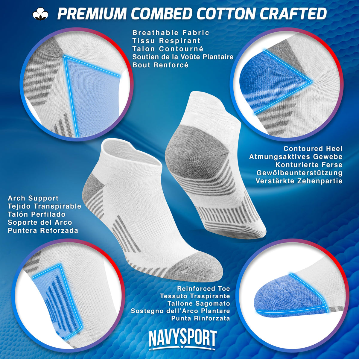 NAVYSPORT Men's Cotton Sports Socks, Pack of 6 Pairs