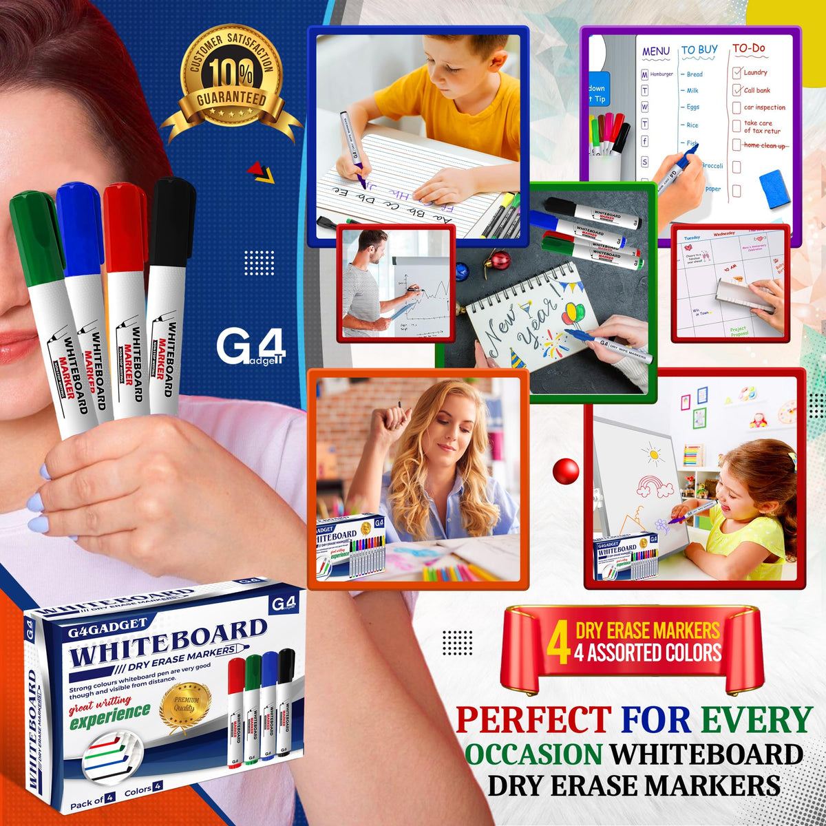G4GADGET Nice Style Pack of 10 Non-Toxic Ink Black Colour Whiteboard Dry Wipe Marker Pens Bullet Tip