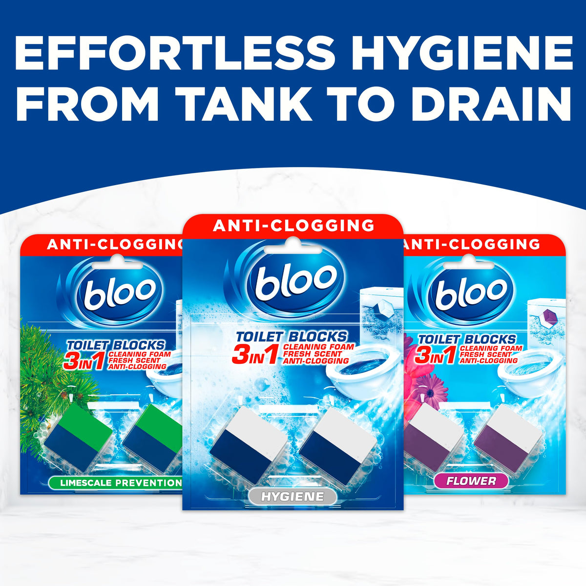Bloo New 3in1 Toilet Blocks, Pack of 2, Toilet Limescale Remover Cistern Block, Toilet Cleaner Block with Cleaning and Foaming Action, Toilet Fresheners - Limescale Prevention