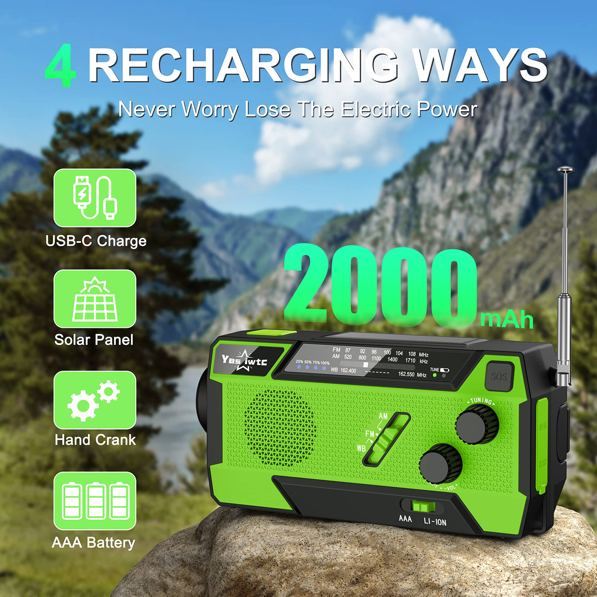 Wind Up Solar Radio, 7400mWh (2000mAh) Solar Powered Radio Emergency Hand Crank Radio with 3 Built-in Cables, Battery Operated, SOS Alarm & Flashlight, Emergency wind up torch for Hurricane, Emergency