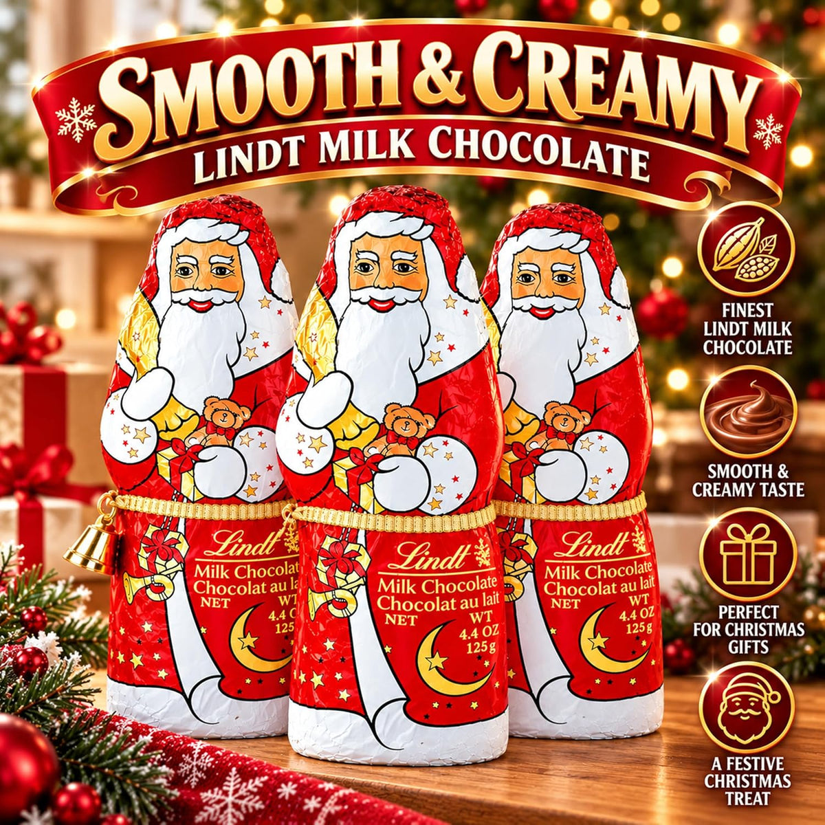 Santa Lindt Chocolates Gift Box for Stocking Fillers - Festive 3 x 125g Santa Claus Chocolate Figures with Gold Bells, Christmas Chocolate. Great Christmas Gift for Kids