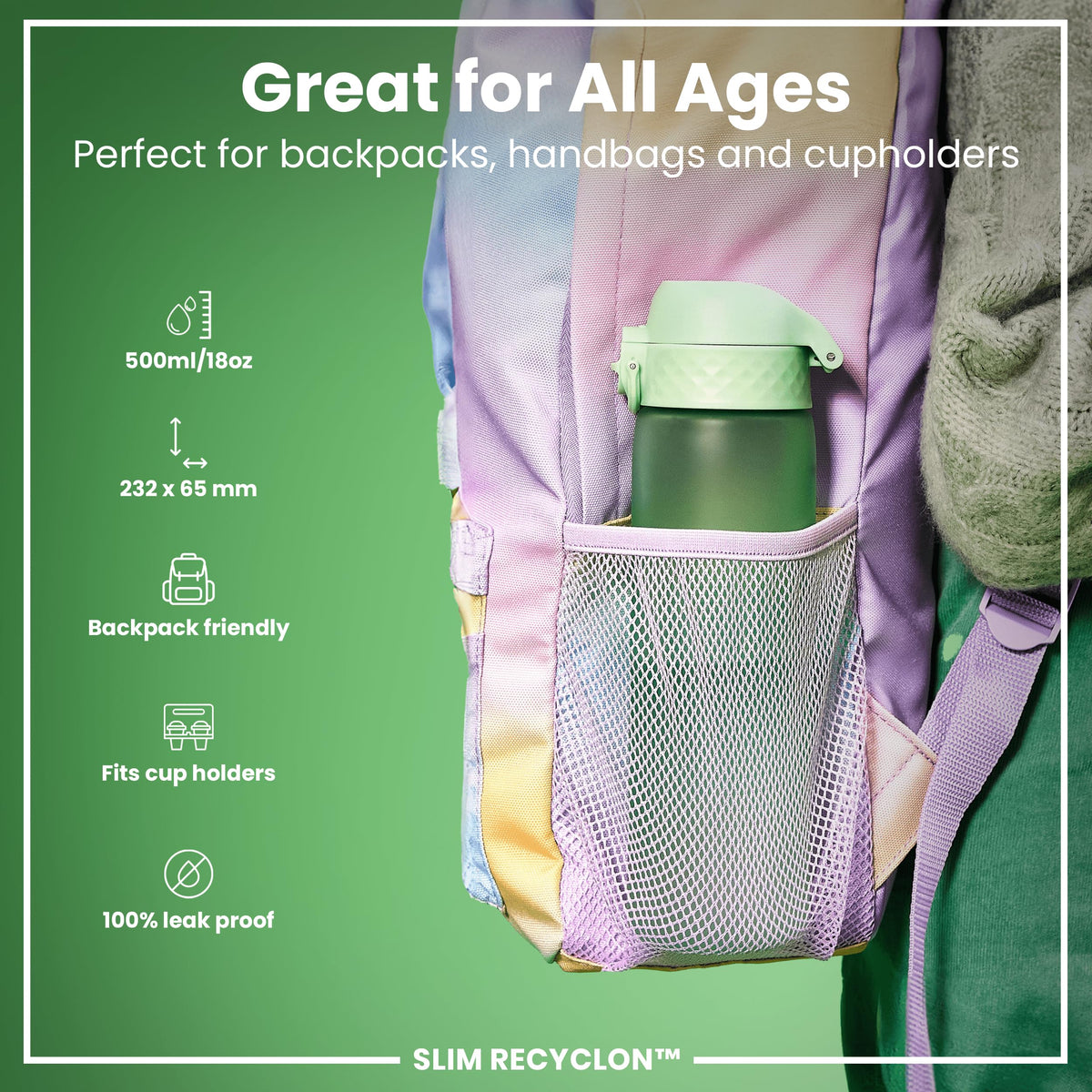 Ion8 Water Bottle, 500 ml/18 oz, Leak Proof, Easy to Open, Secure Lock, Dishwasher Safe, Hygienic Flip Cover, Carry Handle, Fits Cup Holders, Easy Clean, Hot Pink
