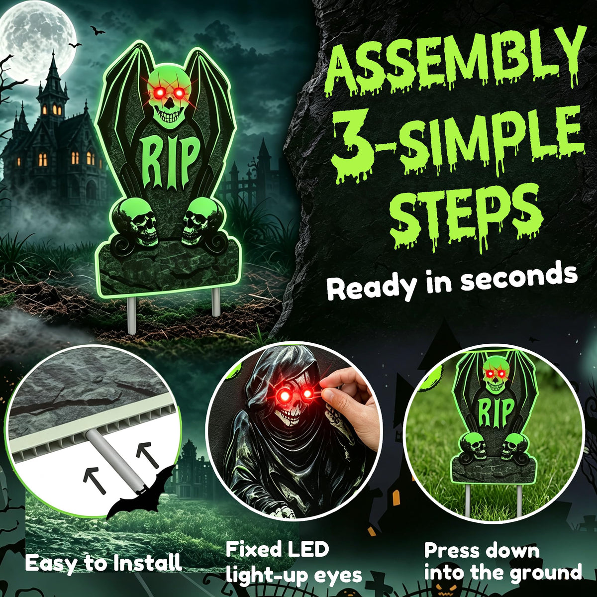 10 Pack Halloween Yard Signs, Fluorescent Skeleton Hands and Tombstones