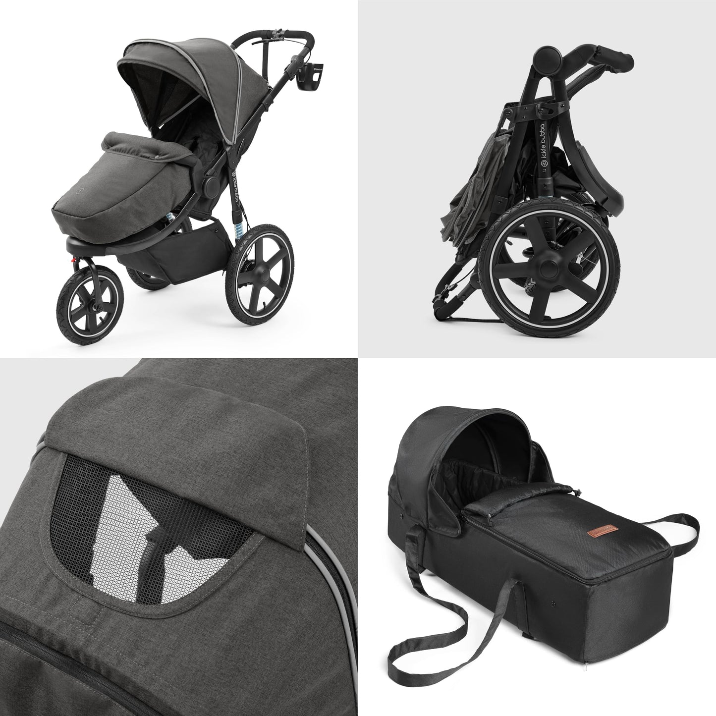 Ickle Bubba Venus Jogger Pro Max Stroller (Charcoal Grey) – All-Terrain 3-Wheel Pushchair from Birth to 22kg, Waterproof Hood & Footwarmer, Adjustable Handle, Cup Holder & Self-Locking Fold