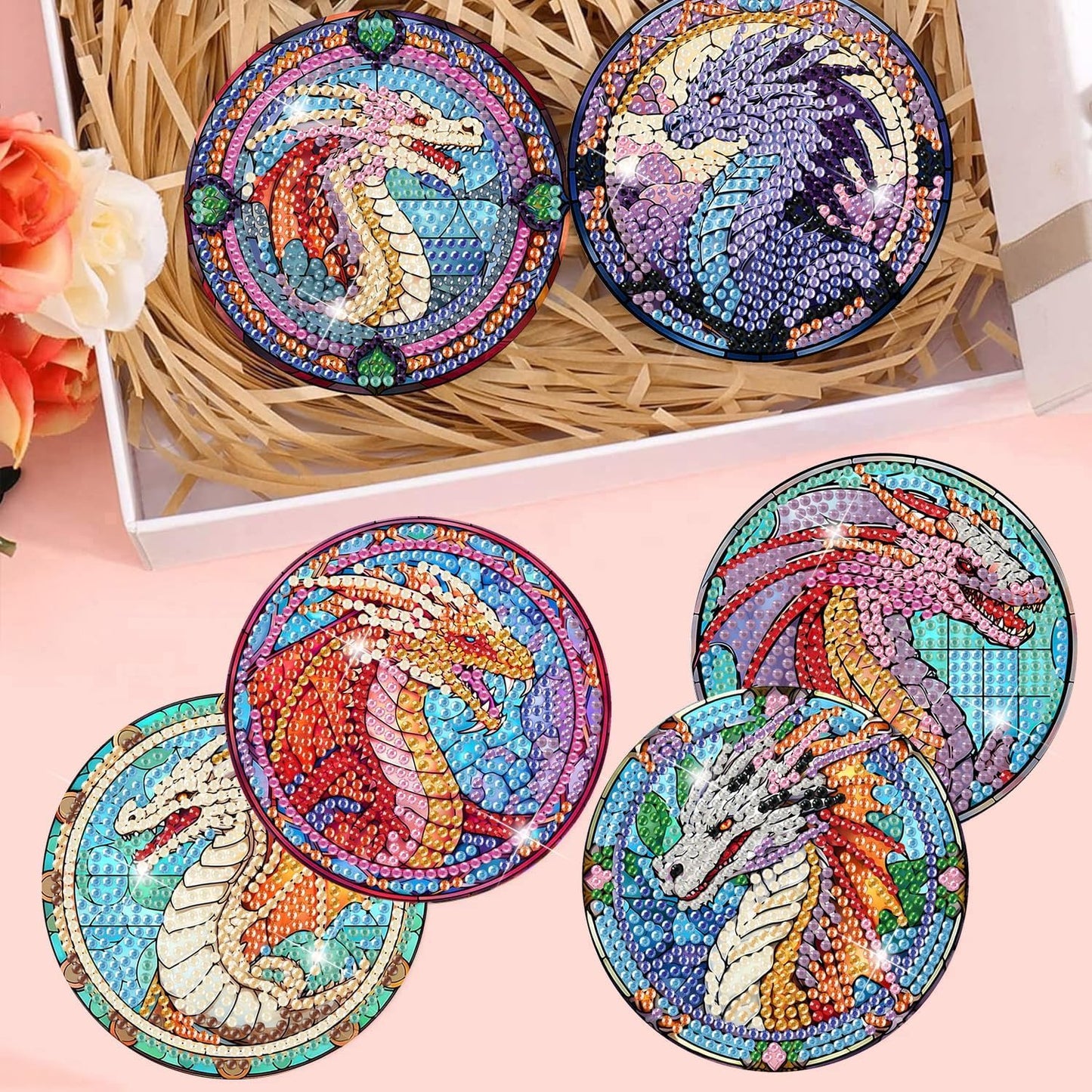 8Pcs Diamond Painting Coasters with Holder,DIY Cocktail Life Coaster Diamond Art Kits for Adults Kids,Beginners Round Full Drill Diamonds Art Craft Supplies