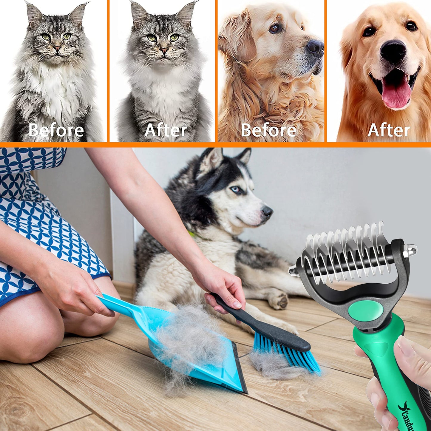 Candure Dematting Comb for Dog and Cat, Pet Grooming Rake and Brushes for Small, Medium & Large Dogs 17+9 Double Sided Deshedding Tool Removes Knots and Tangled Hair (Blue)