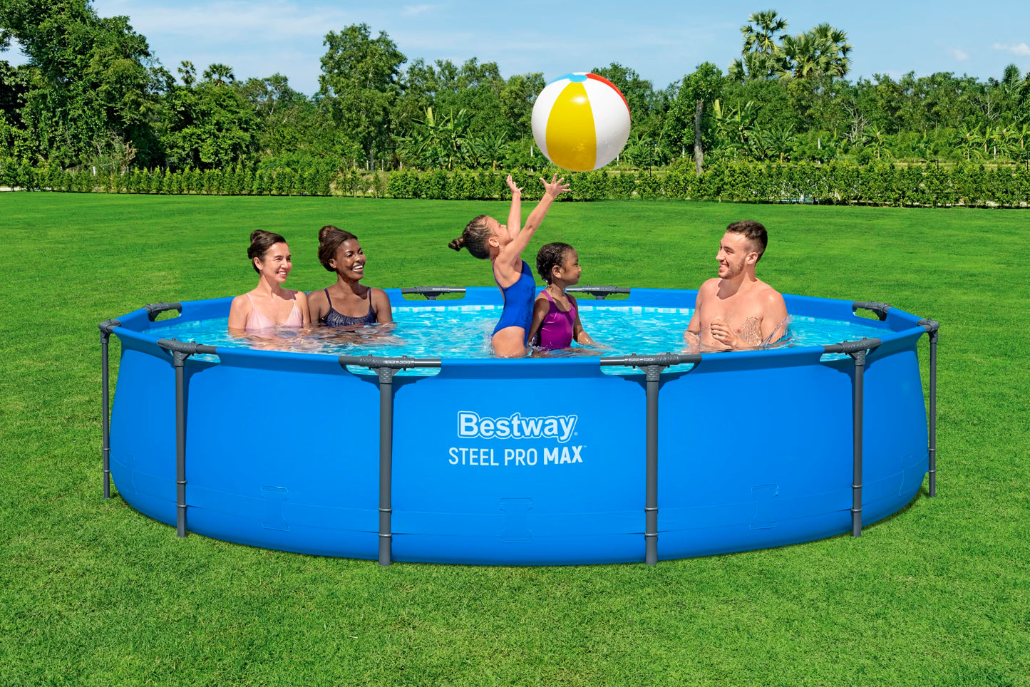 Bestway Steel Pro Round Frame Swimming Pool 12 ft with Filter Pump, 366 x 76 cm Above Ground Pool, Tri Tech Durable Liner, Rust Resistant Steel Frame, Easy Setup Garden Pool - Blue