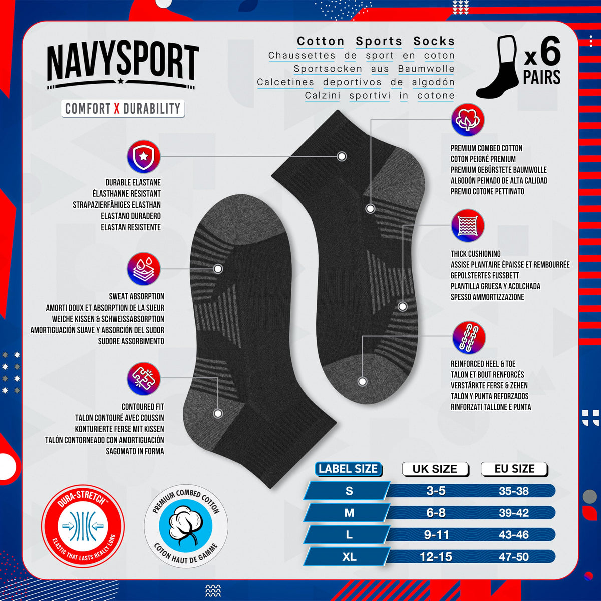 NAVYSPORT Men's Cotton Sports Socks, Pack of 6 Pairs