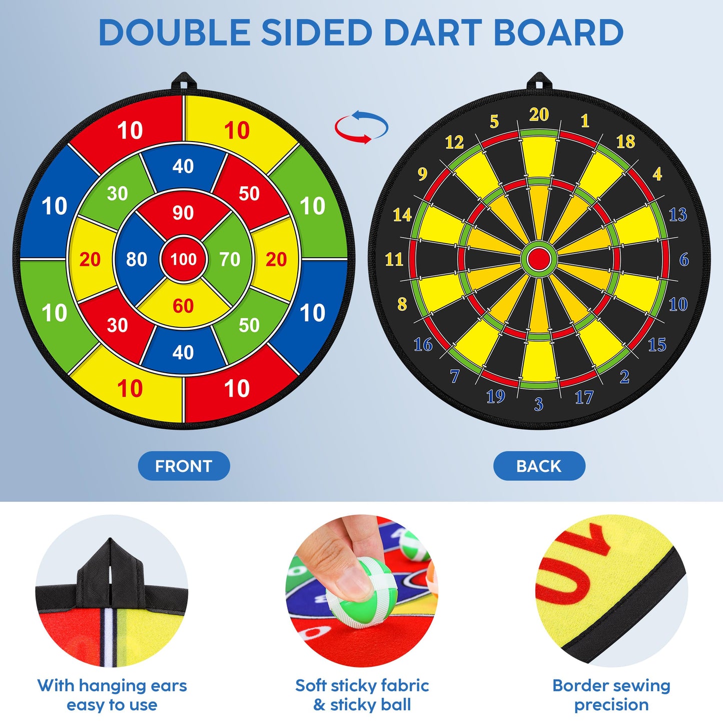 Kids Dart Board Set,Double Sided Dart Board,12 Sticky Balls,6 Darts,Indoor & Outdoor Party Games Toys Gifts for 3 4 5 6 7 8 9 10 11 12+ Year Old Boys Girls Adult