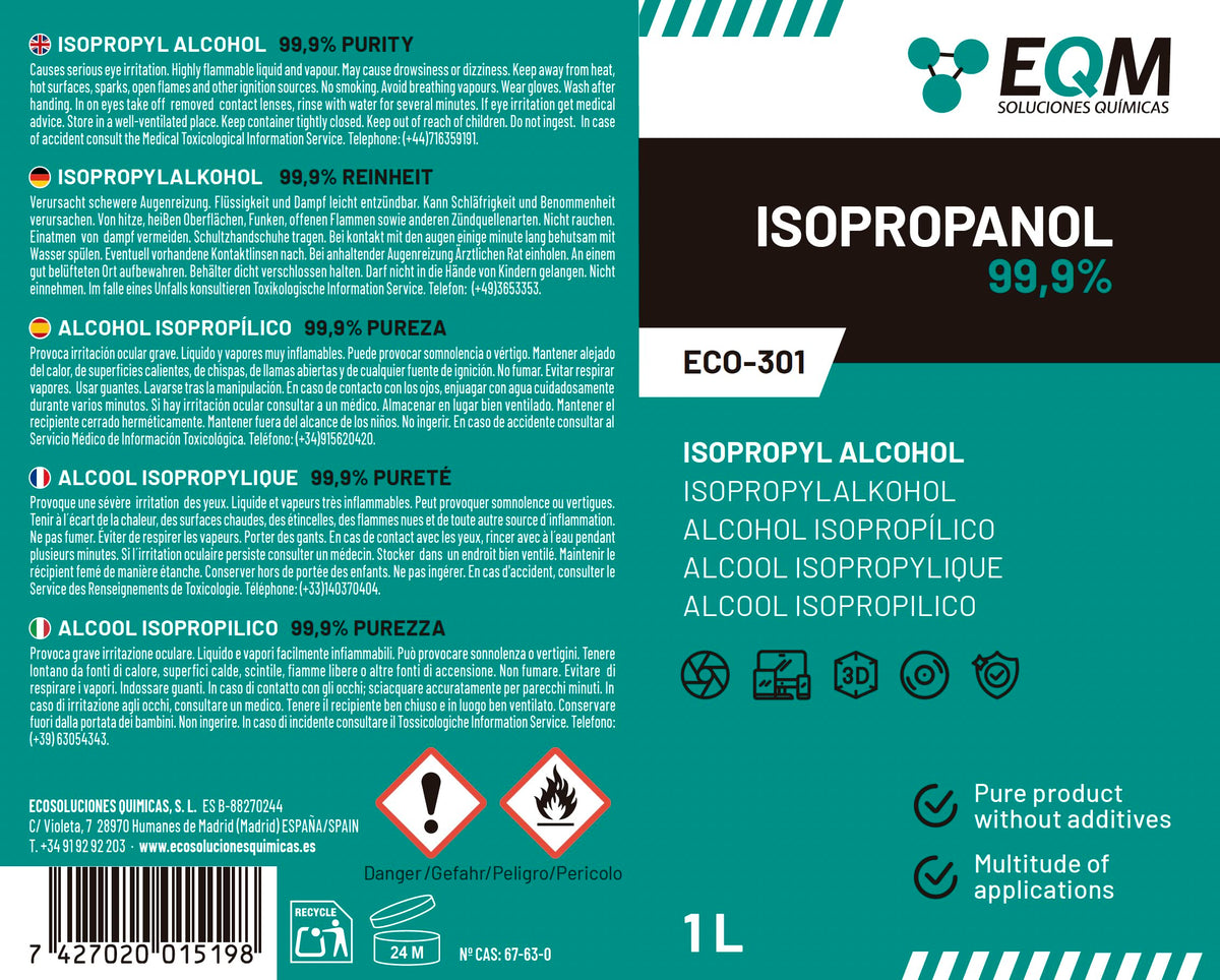 EQM - ECO-301 - Isopropyl Alcohol 99.9% Pure - Cleaning Isopropanol 1L