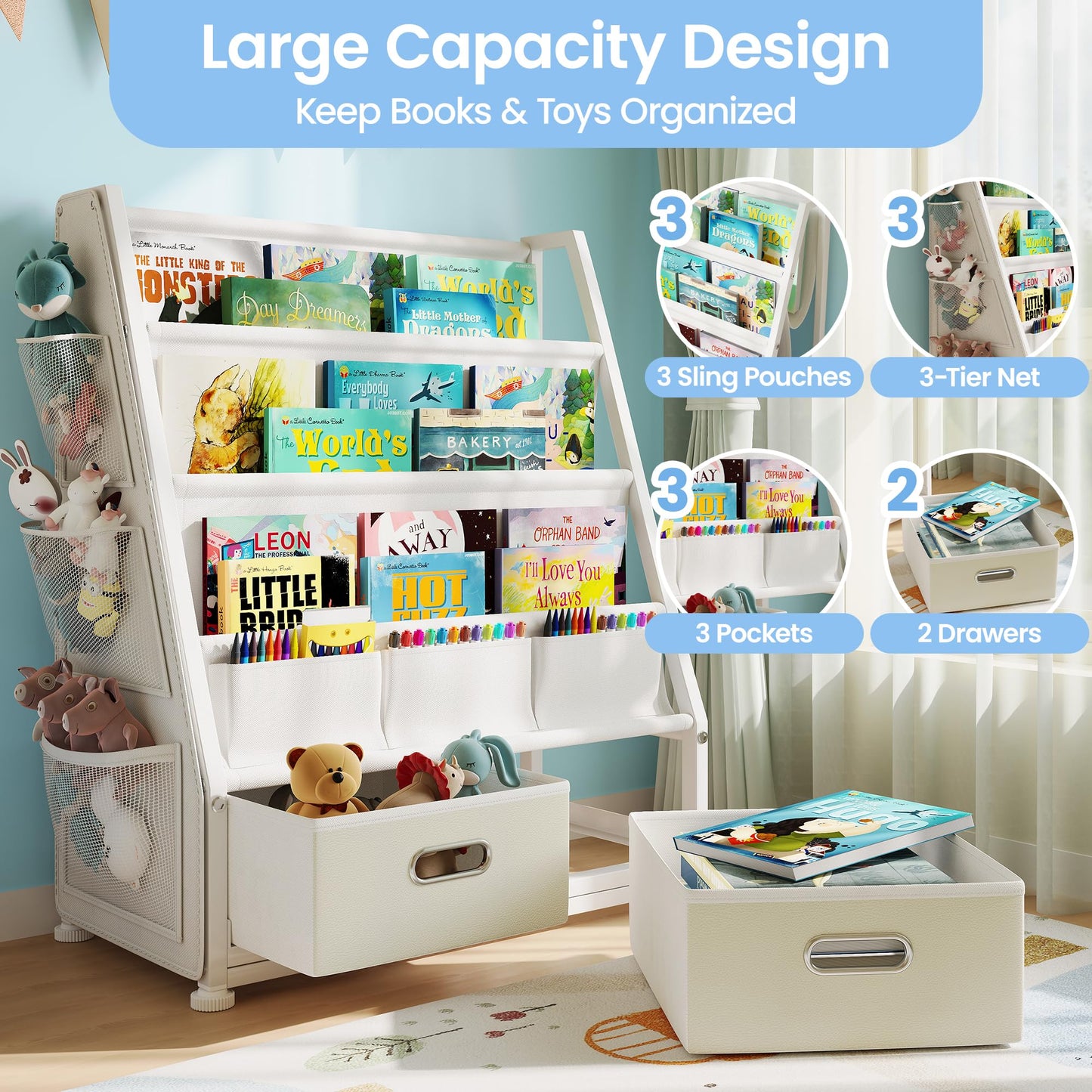 GoTiling Kids Bookshelf and Toy Storage Organizer: 3-Tier Sling Book Shelf with 3 Side Pockets for Kids Room - Toy Storage Organizer with 2 Fabric Drawers for Nursery, Bedroom, Playroom