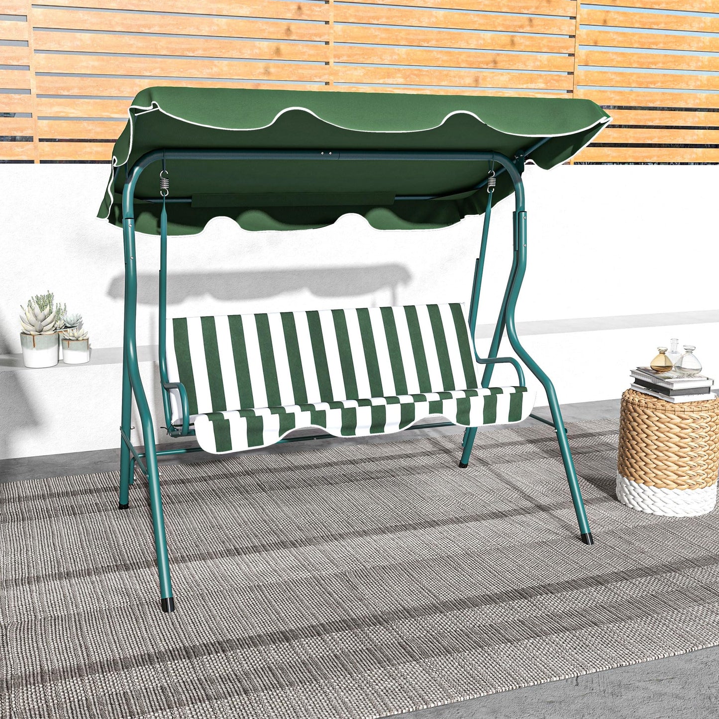 Outsunny 3 Seater Canopy Swing Chair Outdoor Garden Bench with Adjustable Canopy and Metal Frame - Blue Stripes