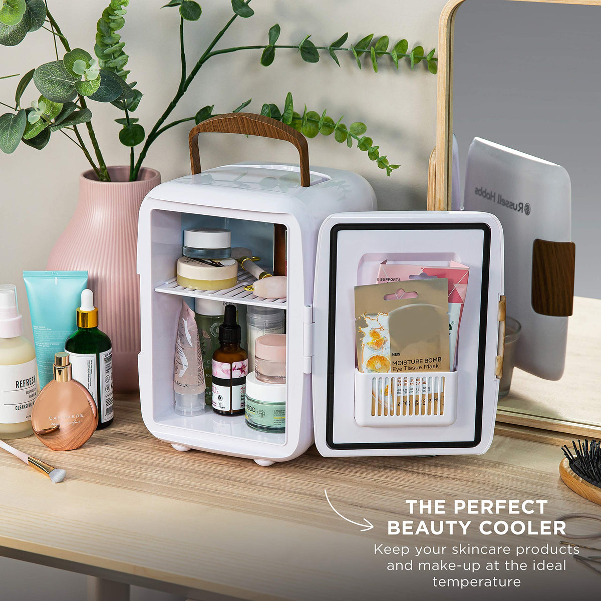 Russell Hobbs RH4CLR1001 4L/6 Can Portable Mini Cooler & Warmer for Drinks, Cosmetics/Makeup/Skincare, AC/DC Power, Retro Style, White, For Bedroom, Home, Caravan, Car