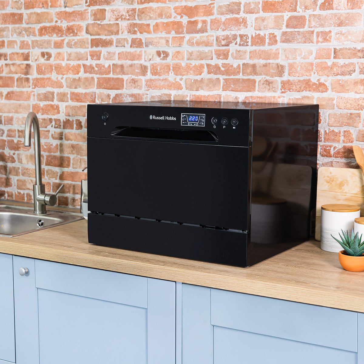 Russell Hobbs Table Top Dishwasher Compact Mini with 6 Place Settings, LED Display, Button Control, 6 Programmes, Portable & Efficient, 24hr Timer, Rinse & Eco Mode in White, RH6TTDW0D1W