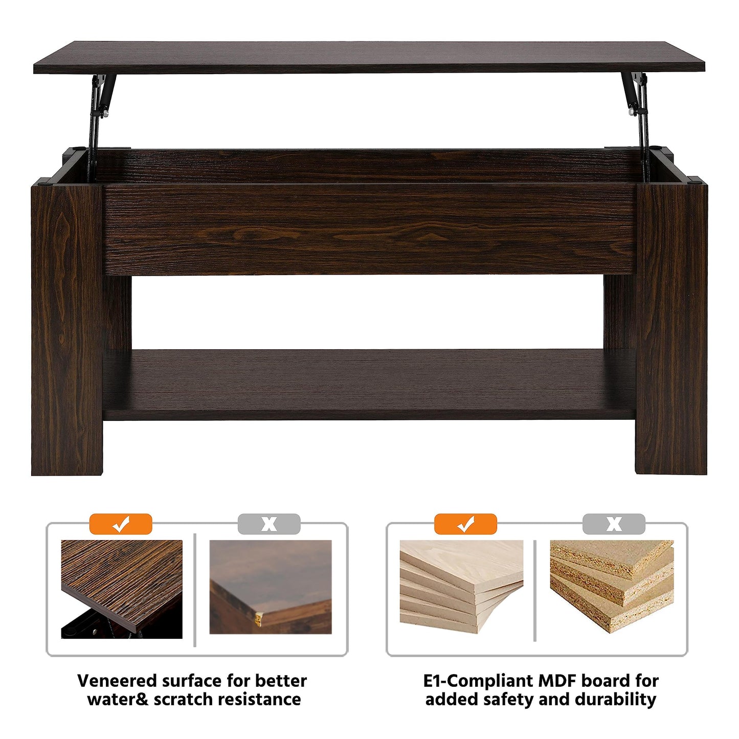Yaheetech Lift Up Coffee Table, Wooden Lifting Coffee Table with Hidden Storage Drawer and Open Shelf, Space-saving Tea Tables for Living Room/Reception, Espresso