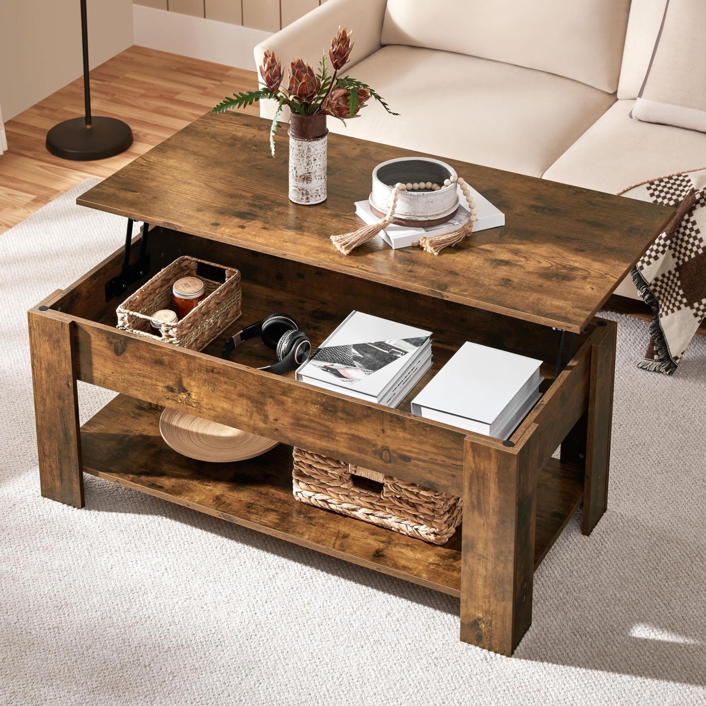 Yaheetech Lift Up Coffee Table, Wooden Lifting Coffee Table with Hidden Storage Drawer and Open Shelf, Space-saving Tea Tables for Living Room/Reception, Espresso