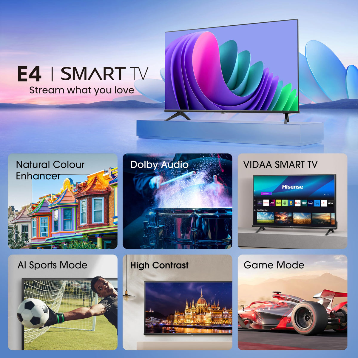 Hisense 40" 40A4QTUK FHD LED TV with Freely - Direct Lit LED, Dolby Audio, Natural Colour Enhancer, Games Mode, Sports Mode, Disney +, YouTube, Netflix