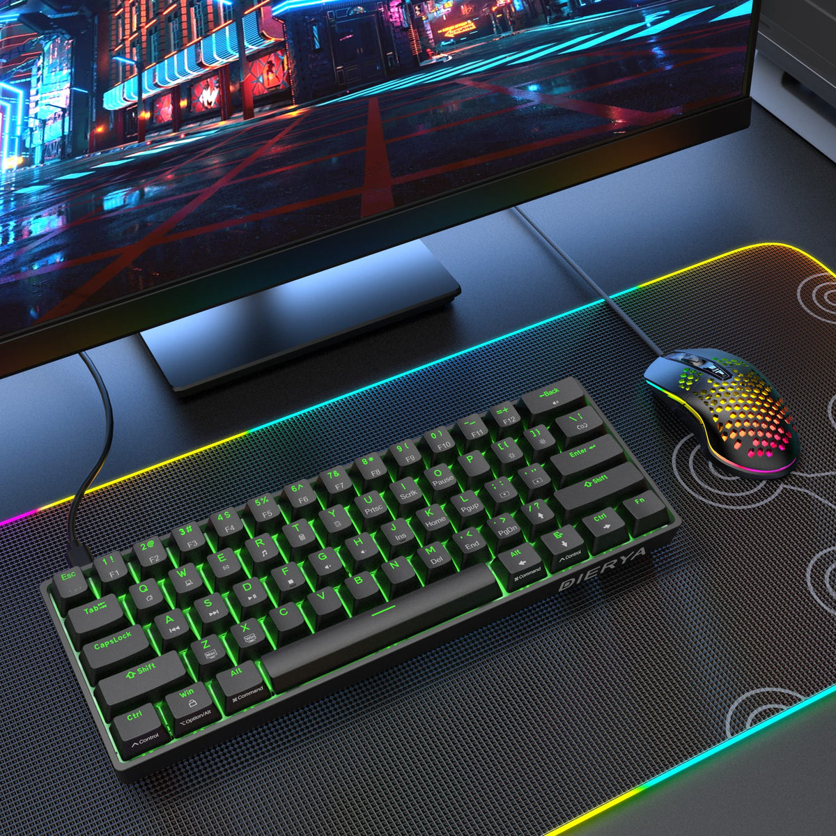 Dierya DK61SE 60% Gaming Keyboard, Wired, US QWERTY, Brown Switches, Black