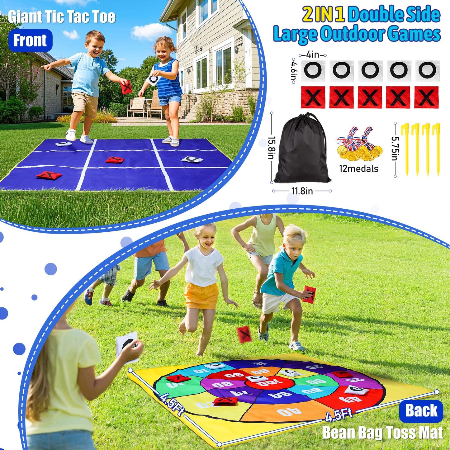 2-in-1 Giant Tic Tac Toe & Bean Bag Toss Game for Kids Adults Family Fun Outdoor Garden Game 4.5Ft Double-Sided Large Sports Day Kit for Lawn Backyard Carnival Field Day Picnic Camping Birthday Party