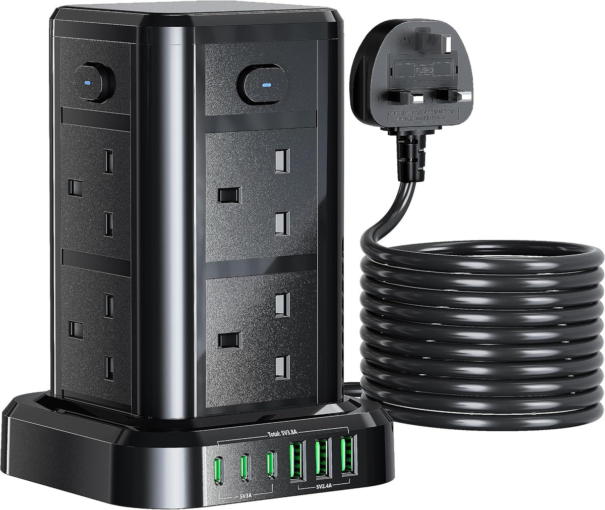 6M Tower Extension Cord with 6 USB Slots, Toomke 8 Way Extension Sockets with 3 USB A and 3 USB C, Tower Plug Extension with 4 Independent Switches 13A 3250W