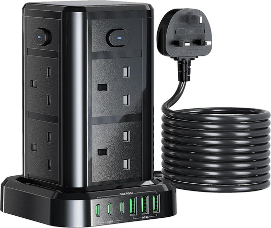 6M Tower Extension Cord with 6 USB Slots, Toomke 8 Way Extension Sockets with 3 USB A and 3 USB C, Tower Plug Extension with 4 Independent Switches 13A 3250W