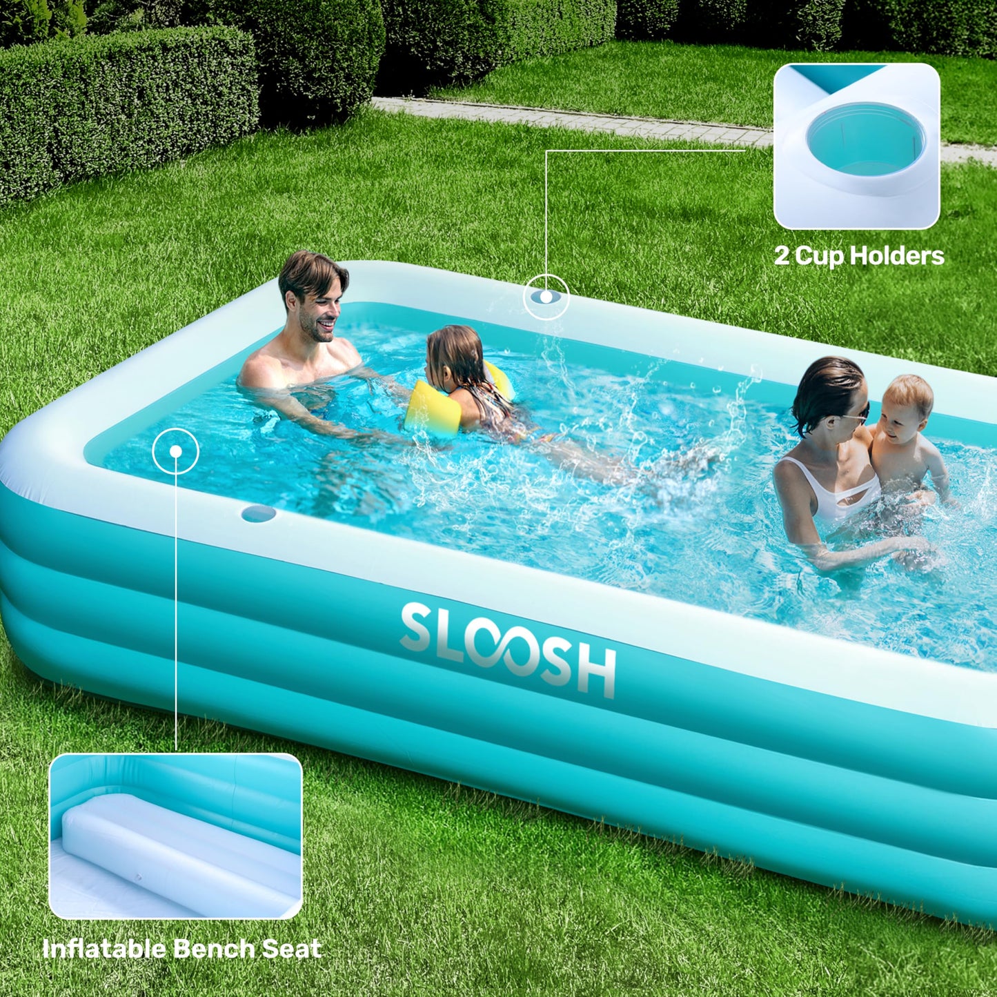 Sloosh Inflatable Swimming Pool for Adults with Seats, 304.8 x 182.8 x 55.8cm Full-Sized Blow Up Durable Thickened Above Ground Family Pool, Large Paddling Pool for Summer Water Party Garden Lawn,Blue