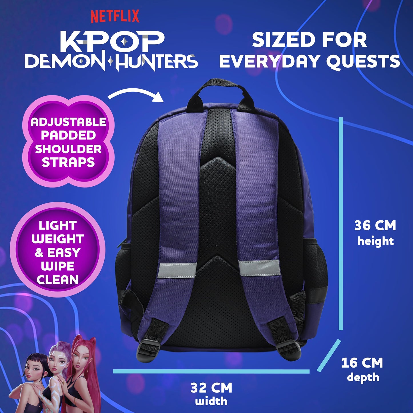 Blue Sky Studios KPop Demon Hunters HUNTR/X Backpack - Official Merchandise - Lightweight Kids School Bag with Padded Straps, Front Pocket & Silver Holographic Details - 36cm K-Pop Purple Rucksack