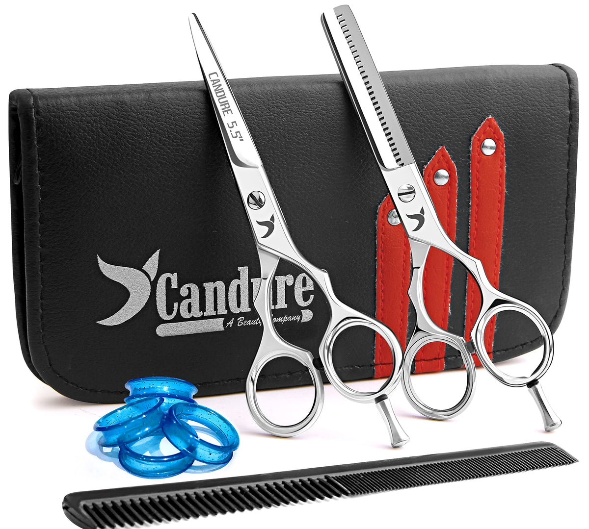 Candure Hairdressing Scissor with Comb & Leather Pouch 6.5" - Hair Scissor for Professional Hairdressers, Barbers Stainless Steel Hair Cutting Shears for Salon, Men, Women, Children and Adults Black