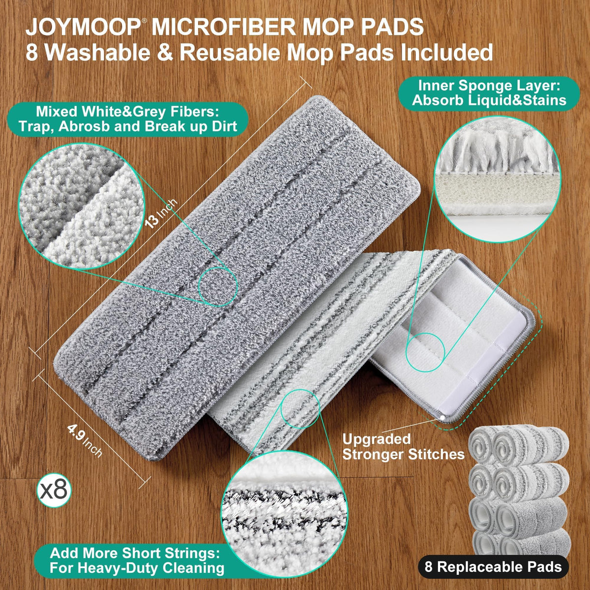 JOYMOOP Mop and Bucket with Wringer Set, Hands Free Flat Floor Mop and Bucket, with 3 Washable Microfiber Pads, Wet and Dry Use, Floor Cleaning System