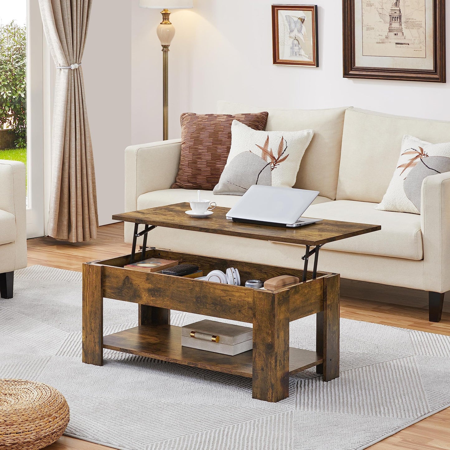 Yaheetech Lift Up Coffee Table, Wooden Lifting Coffee Table with Hidden Storage Drawer and Open Shelf, Space-saving Tea Tables for Living Room/Reception, Espresso