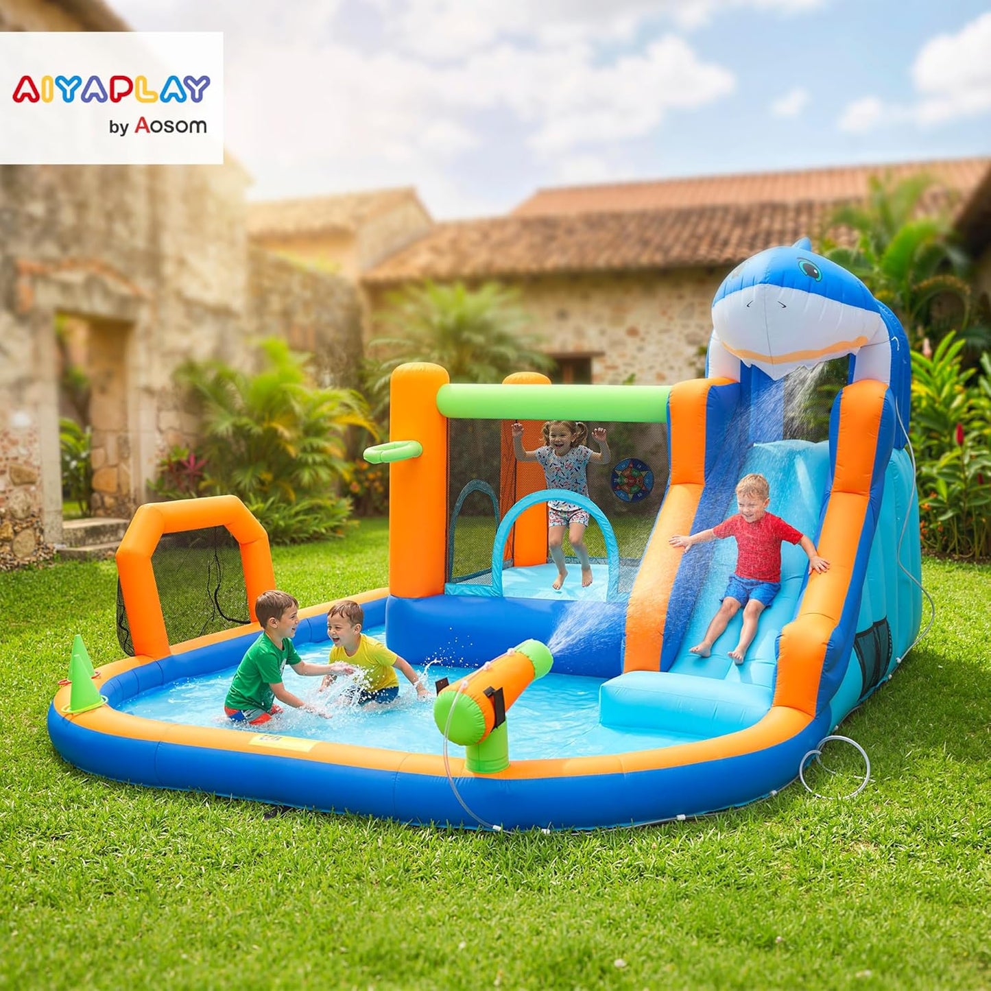 AIYAPLAY Large Inflatable Bouncy Castle for Kids, 8 in 1 Sharks Theme Jumping Bounce House with Slide, Ball Pit, Climbing Wall, Basketball Hoop and Blower for Indoor Outdoor Garden Party, Blue