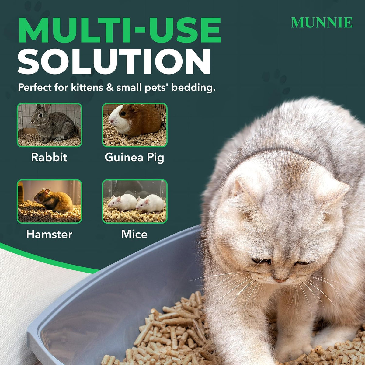 Munnie Cat Litter 30L – Biodegradable, Dust-Free, Unscented, Ultra-Absorbent Wood Pellets for Cats & Kittens, Natural Cat-Litter for Housetraining, Non-Clumping, Litter Granules, Pet-Safe