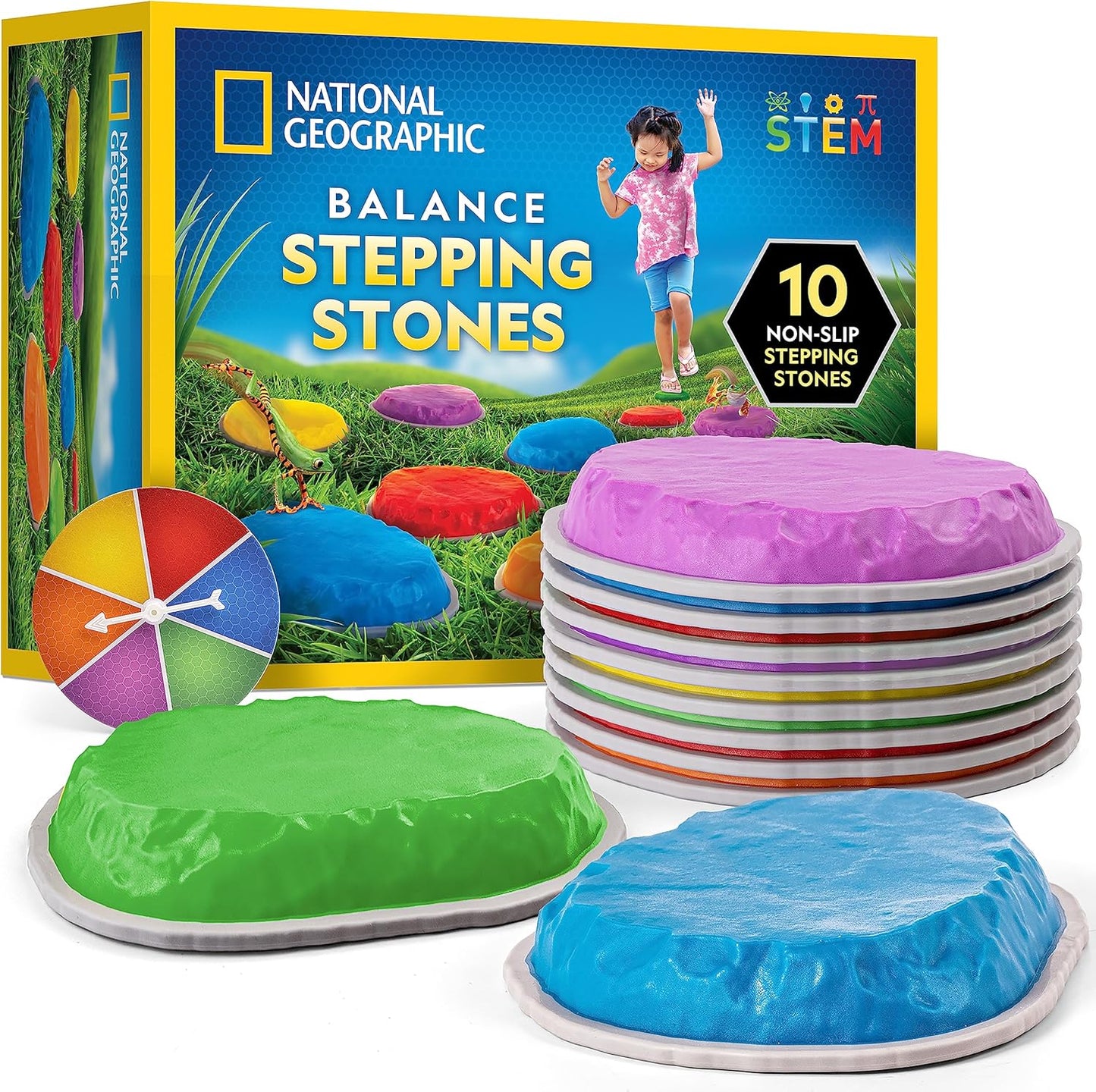 NATIONAL GEOGRAPHIC Stepping Stones for Kids – 10 Durable, Non-Slip Stones Encourage Toddler Balance & Motor Skills, Indoor & Outdoor Toys