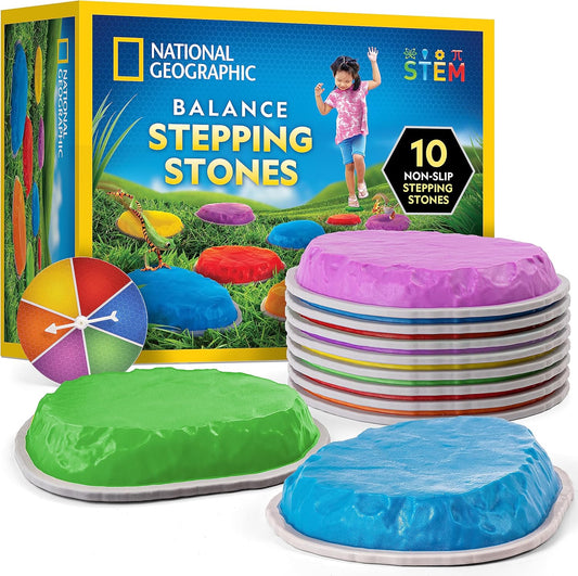 NATIONAL GEOGRAPHIC Stepping Stones for Kids – 10 Durable, Non-Slip Stones Encourage Toddler Balance & Motor Skills, Indoor & Outdoor Toys